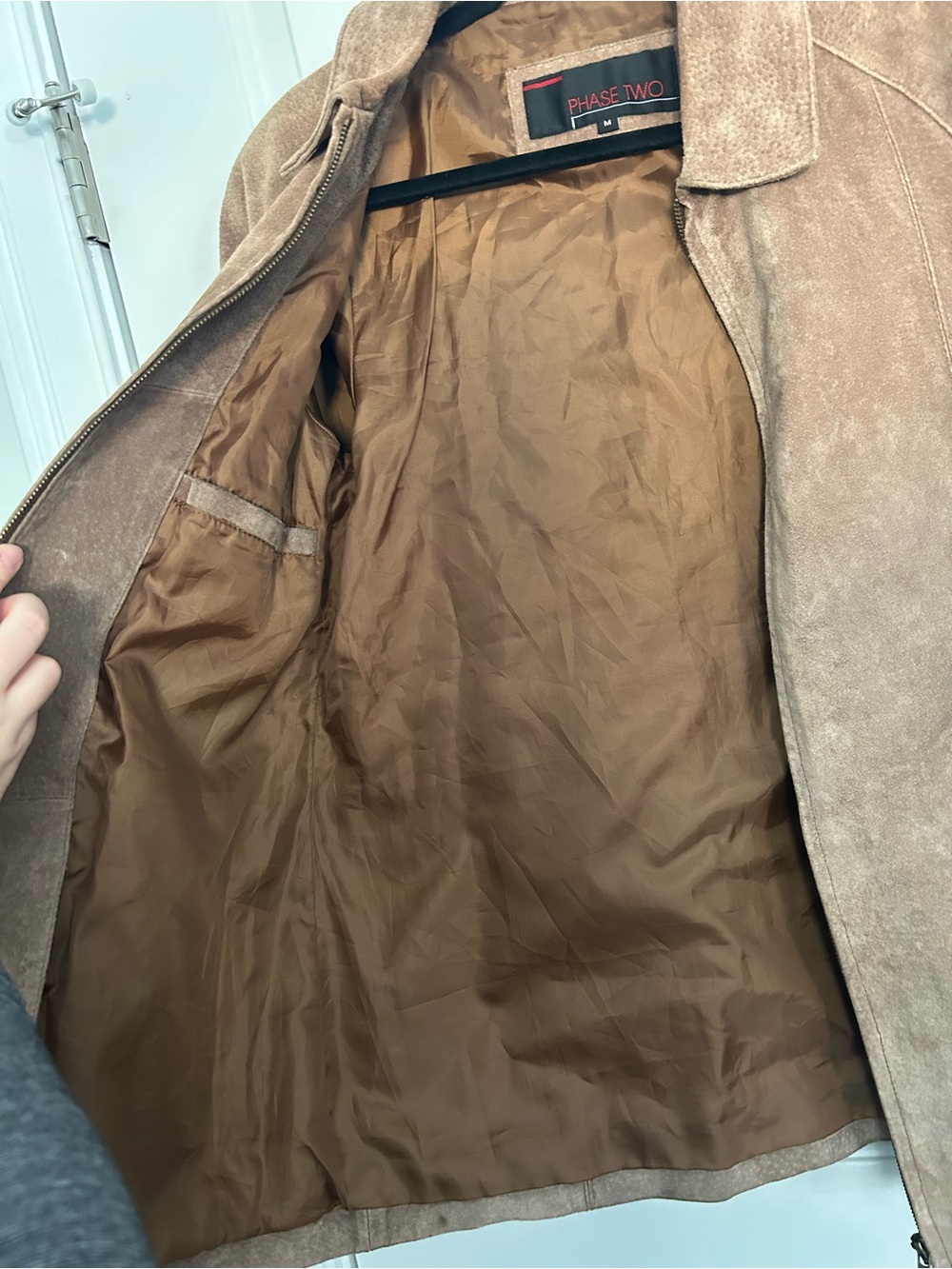 Tan Taupe Genuine Suede Zip Up Leather Jacket - Picture 8 of 8